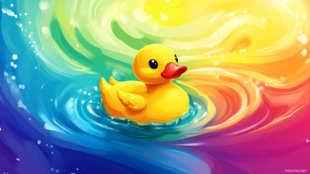 Cartoon Rubber Duck wallpaper where the duck swims across a rainbow colored pool.