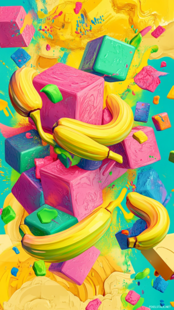 Cartoon Trippy Wallpaper designed for mobile screens, featuring bouncing cubes and swirling bananas.