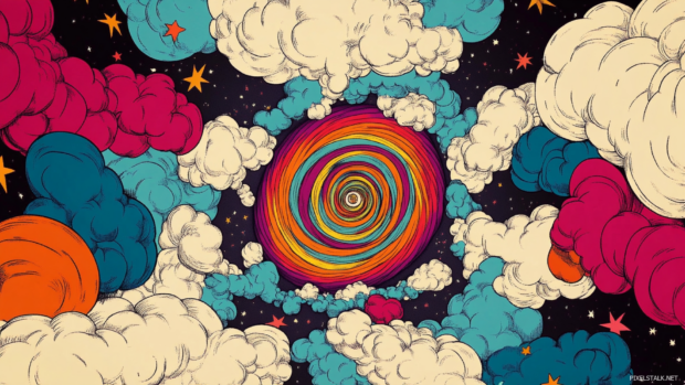 Cartoon Trippy Wallpaper featuring a colorful vortex of smiling clouds and psychedelic stars.