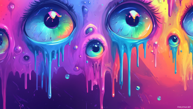 Cartoon Trippy Wallpaper full of colorful chaos, dripping eyes and bouncing orbs in psychedelic style.