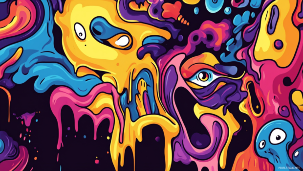 Cartoon Trippy Wallpaper inspired by retro animation with melting faces and bold outlines.