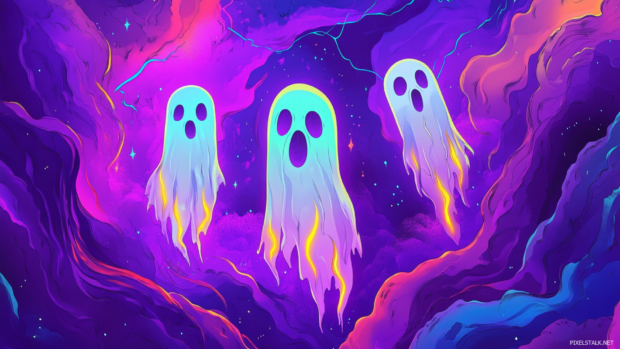 Cartoon Trippy Wallpaper with dancing ghosts and rainbow lightning bolts across a purple void.