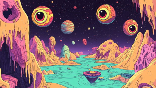 Cartoon Trippy Wallpaper with floating pizza planets and grinning eyeballs across the sky.