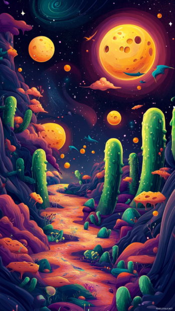 Cartoon Trippy Wallpaper with flying pickles, floating cheese moons and dizzy birds.