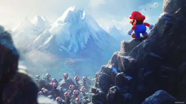 Cartoon adventure with Mario climbing up a mountain chased by Bob ombs.
