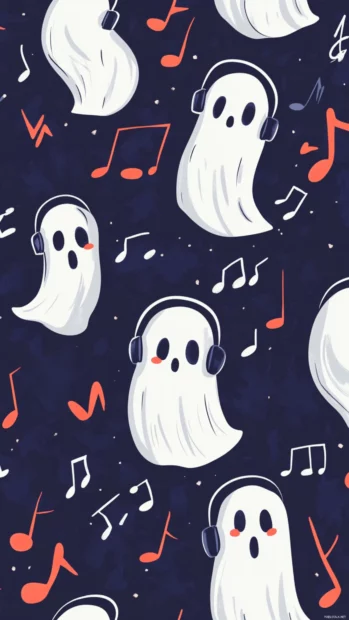 Cartoon aesthetic ghosts wear headphones while floating among music notes in seamless layout.
