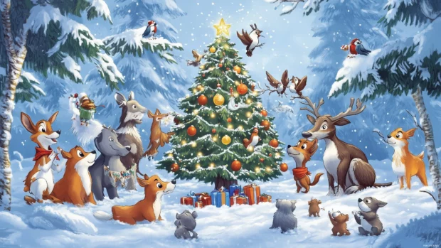 Cartoon animals decorating a giant Christmas tree in a snowy forest, with ornaments and twinkling lights.