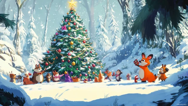 Cartoon animals in a snowy forest, decorating a giant tree with ornaments and twinkling lights.