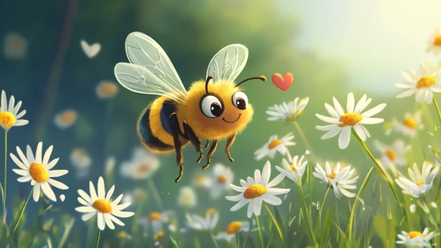 Cartoon bee with heart shaped wings flying through daisies.
