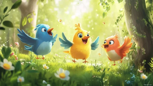 Cartoon birds flap their wings and sing in a cheerful forest.