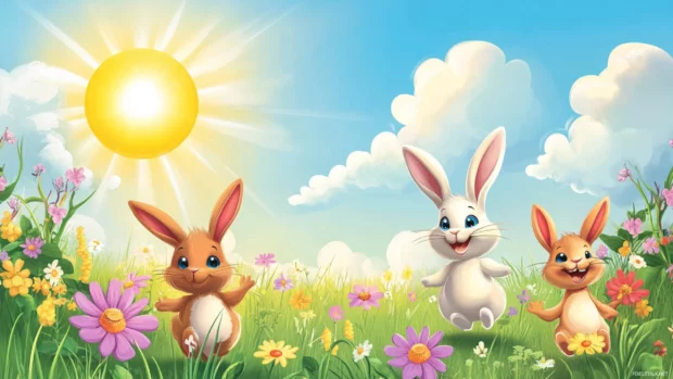 Cartoon bunnies hop through a flower meadow under a bright sun.
