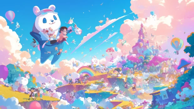 Cartoon character wallpapers showing joyful adventures in pastel dreamlands.