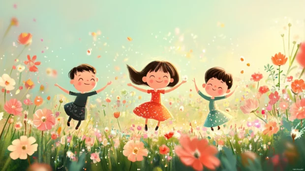 Cartoon characters dancing among flowers in a cute girly wallpaper cartoon style.