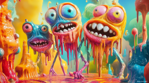 Cartoon characters with stretched limbs and melting expressions in a vivid trippy world.