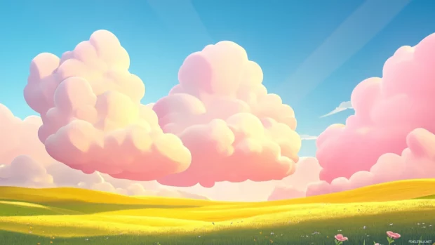 Cartoon clouds drift slowly over a pastel colored countryside.