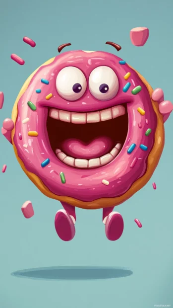 Cartoon donut jumping joyfully with happy eyes and a big grin.