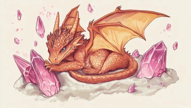 Cartoon dragon curled around a pink crystal.