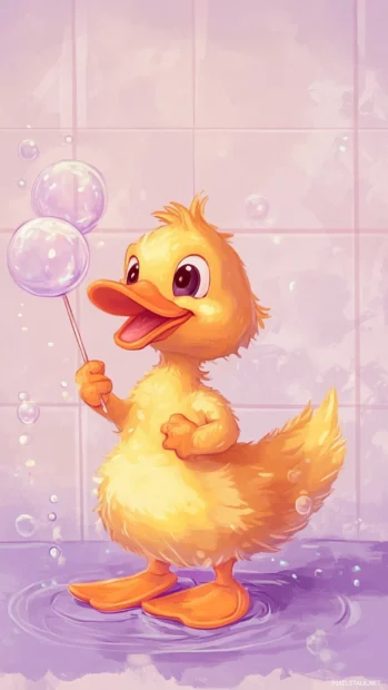 Cartoon duck holding a bubble wand appears in tiled arrangement over pale lavender tone.