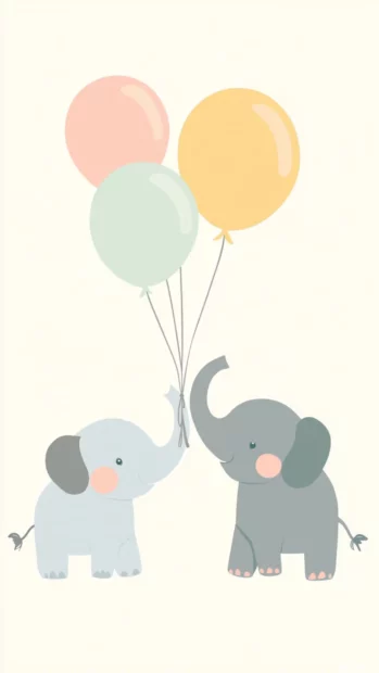 Cartoon elephants holding pastel balloons on a pale yellow background.