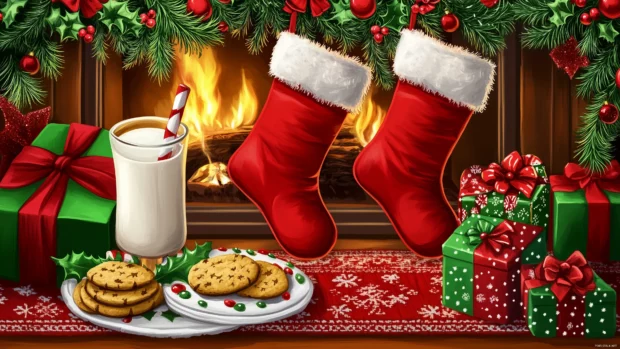 Cartoon fireplace with stockings, piled presents, plate of cookies and milk for Santa.