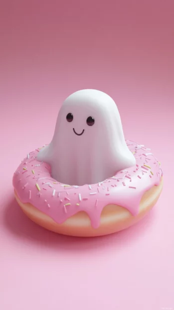 Cartoon ghost rolls inside a donut across a candy colored background.