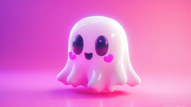 Cartoon ghost with heart shaped eyes on a vibrant pink background makes for cute Pink Ghost Wallpapers.