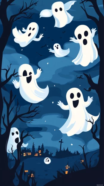 Cartoon ghosts float and wiggle playfully in a spooky scene.