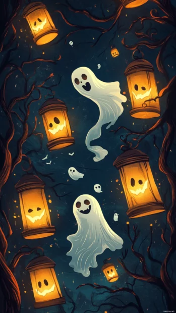 Cartoon ghosts hover around floating lanterns in calm vintage tile format.