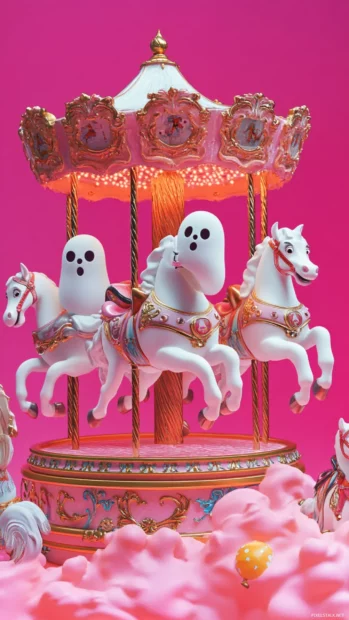 Cartoon ghosts ride carousel horses on a bubblegum pink background.