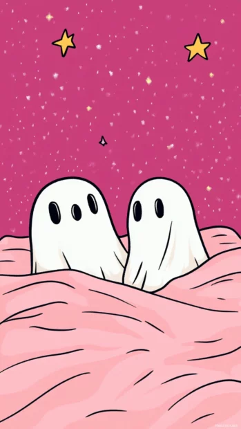 Cartoon ghosts sleep under cozy pink blankets with stars above.