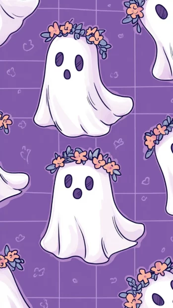 Cartoon ghosts with flower crowns float gently in a tiled lavender background.