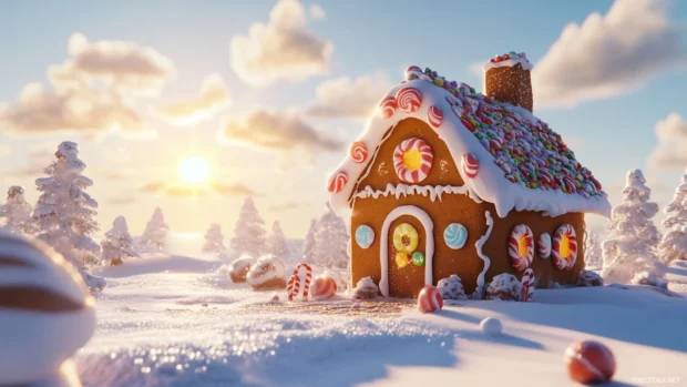 Cartoon gingerbread house with candy decorations, snowy landscape, bright sun.