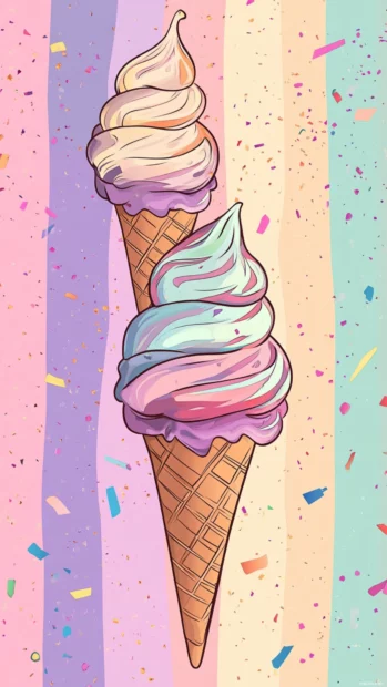 Cartoon ice cream cones twirling on a pastel striped background.
