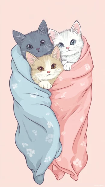 Cartoon kittens wrapped in cozy pastel blankets.