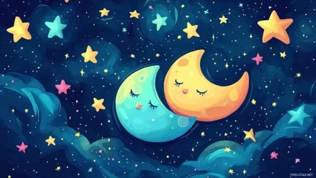 Cartoon moons cuddling colorful stars in a dreamy night, weaving magic into kawaii cute stars background.