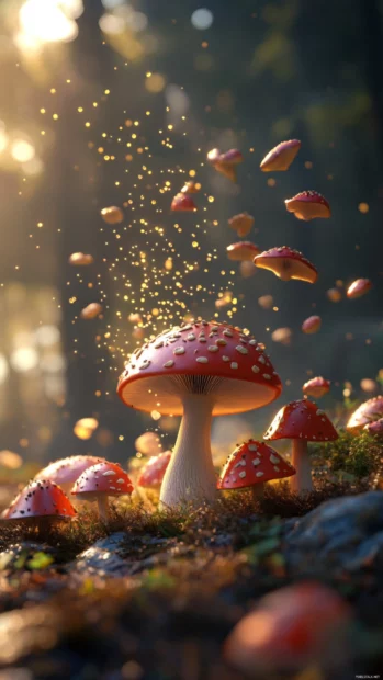 Cartoon mushrooms bounce gently under falling fairy dust.