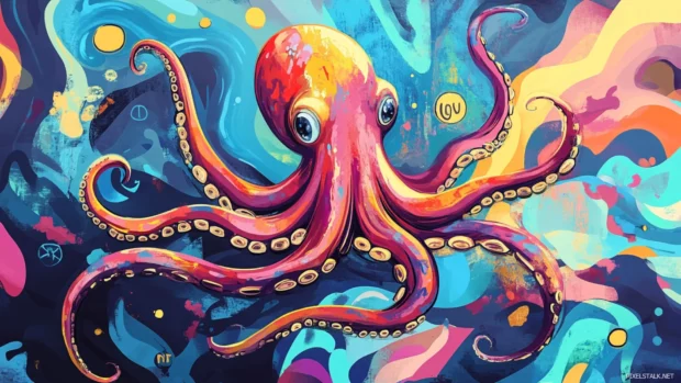 Cartoon octopus floating through waves of paint and symbols.