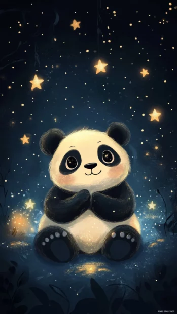 Cartoon panda surrounded by soft glowing stars on a dark background.