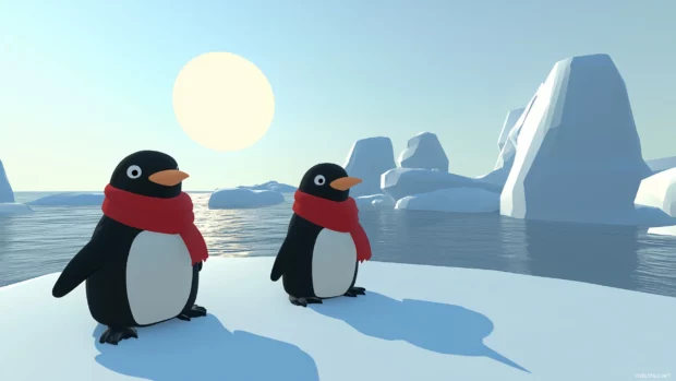 Cartoon penguins in scarves and hats, sliding on ice, icebergs, and winter sun in the background.