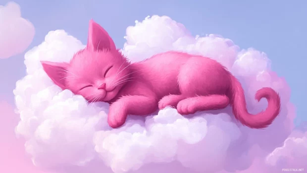Cartoon pink kitten sleeping on a cloud, lovely option for girly cartoon desktop wallpapers.