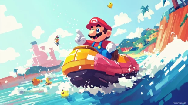 Cartoon scene of Mario riding a Koopa shell across a pixel ocean with bright colors.