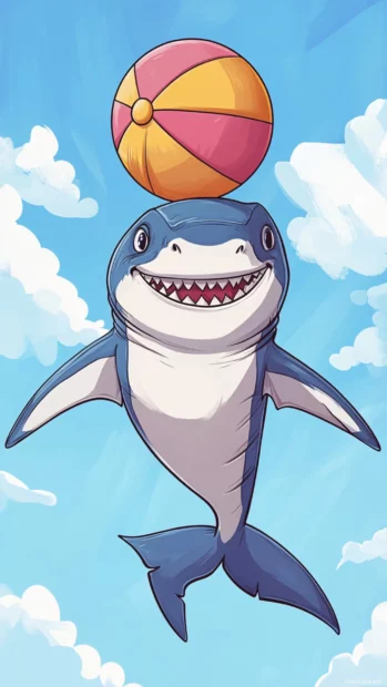 Cartoon shark balancing beach ball on nose.