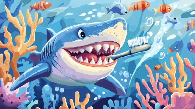 Cartoon shark brushing teeth with coral reef toothpaste.