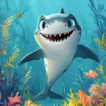 Cartoon shark planting sea flowers in underwater garden.