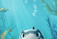 Cartoon shark planting sea flowers in underwater garden.