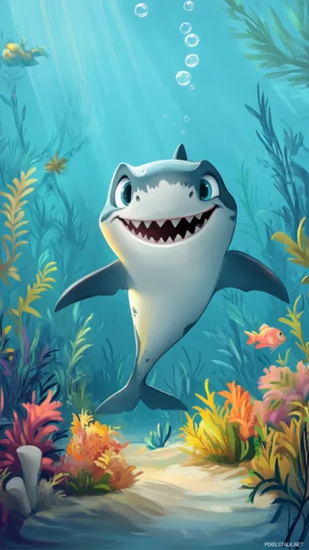 Cartoon shark planting sea flowers in underwater garden.