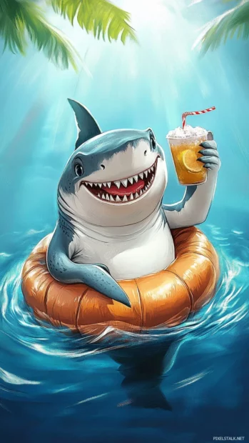 Cartoon shark sipping coconut drink in floating tube.