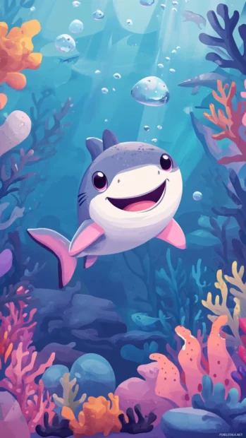 Cartoon shark wallpaper in kawaii style with playful underwater setting.