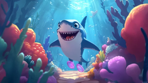 Cartoon shark with jelly sandals walking undersea path.