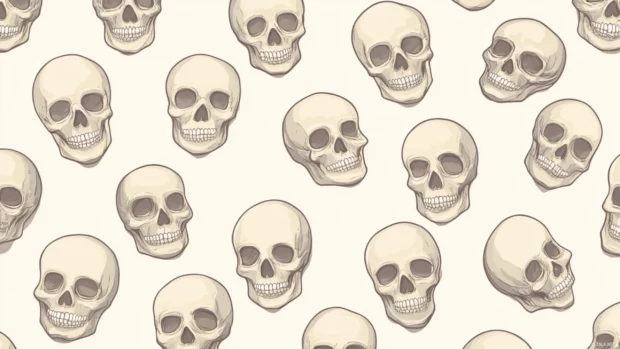 Cartoon skull icons arranged as a wallpaper pattern in cream and beige.